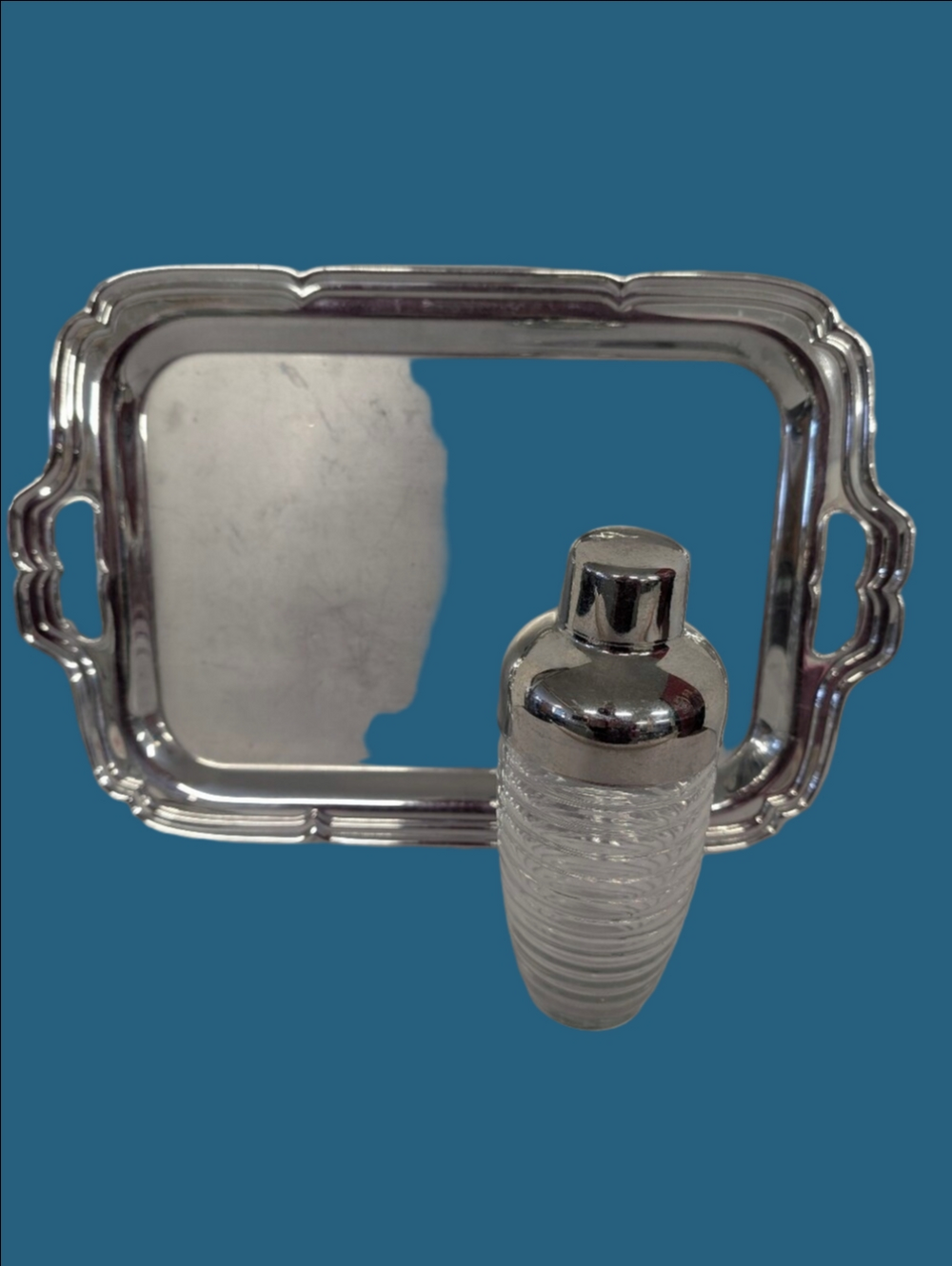 Vintage MID CENTURY MODERN Silver Tray With Cocktail Shaker